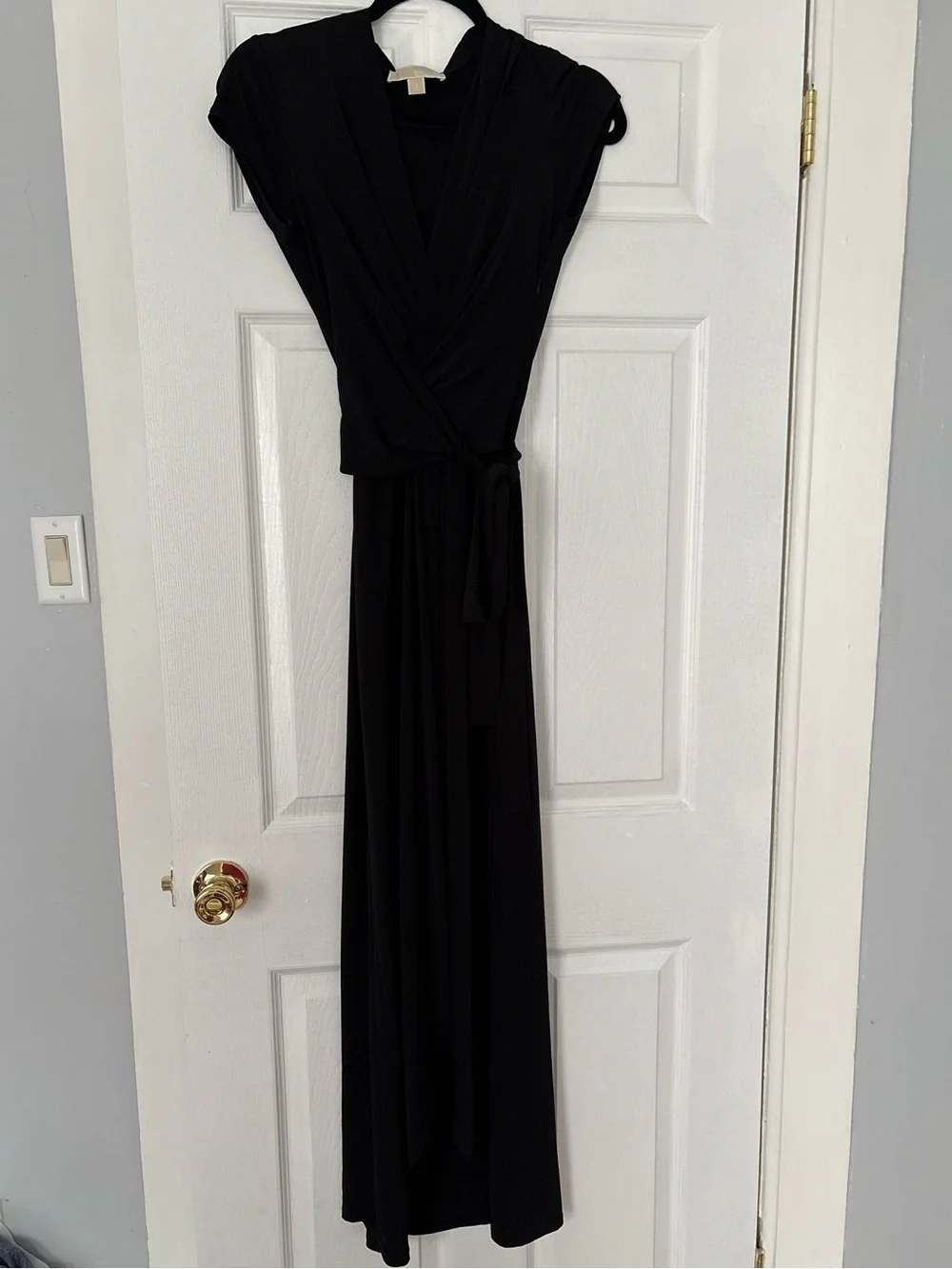 Michael Kors Black Jersey Wrap Maxi Dress with Gold Logo Plate Size 2